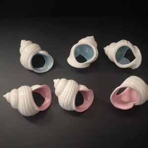Vintage Ceramic Seashell Napkin Rings Cream Exteriors w/ Pink or Blue Interiors